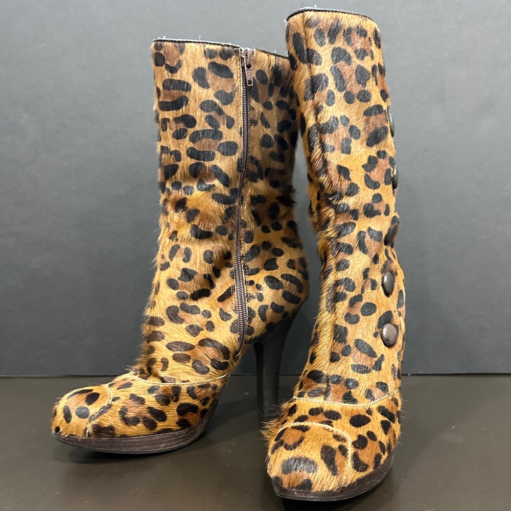 Sam Edelman Leopard Print Mid-Calf Heeled Boots - Brown & Black